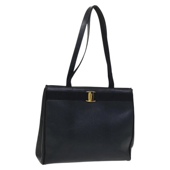 Salvatore Ferragamo Tote Bag Leather Embossed Navy Gold Auth BA1802 - Picture 1 of 16